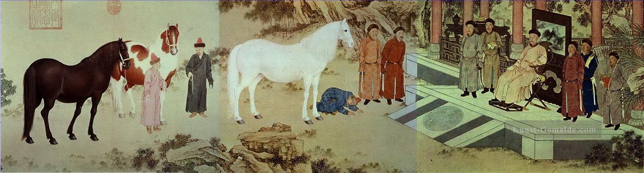 Lang glänzende Hommage an Pferde alte China Tinte Giuseppe Castiglione Ölgemälde